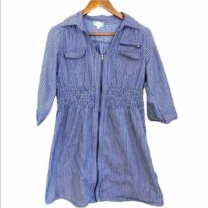 G Lee Striped Chambray Denim Smocked Roll Tab Zip Tunic Shirt Dress